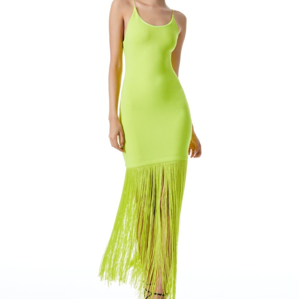 NWT Alice + Olivia Steph Scoop Neck Fringe Neon Yellow Dress